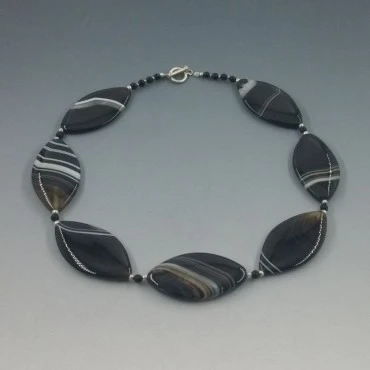 Banded Agate and Sterling Silver Bead Necklace