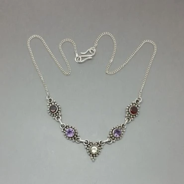 Amethyst,Garnet and Citrine Multi Gem Sterling Silver Necklace
