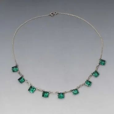 Art Deco Green  Crystal Silver Necklace