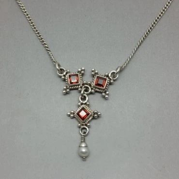 Pretty Red Garnet, Pearl Drop , and Sterling Silver Necklace