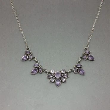  Amethyst Flowers and Sterling Silver Link Necklace 