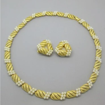 Gold Tone Faux Pearl Necklace and Earrings Set