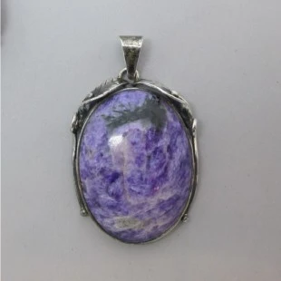 Large Charoite and Sterling Silver Arts and Crafts Style Pendant