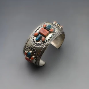 R Wylie Navaho, Coral, Turquoise and Silver Cuff Bangle