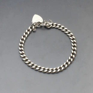 Silver Curb Chain Heart Padlock Bracelet 