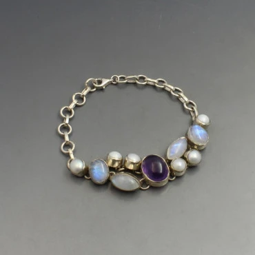 Moonstone, Pearl, and Silver Bracelet