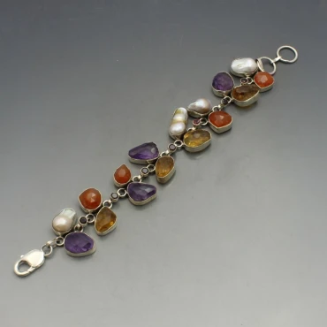  Multi Gem, Pearl, and Silver Bracelet