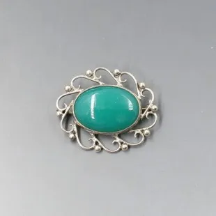 Green Agate Silver Brooch