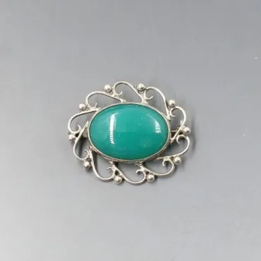 Green Agate Silver Brooch