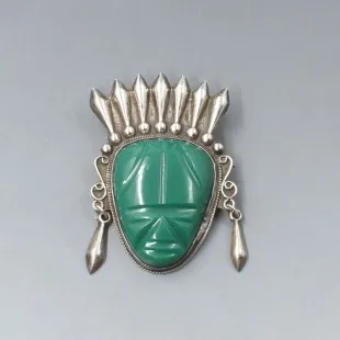 Mexico Jade and Silver Warrior Mask Brooch