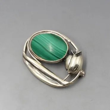 Malachite Silver Floral Brooch