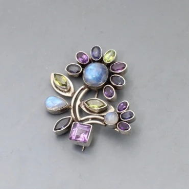 Silver Multi Gem Flower Brooch