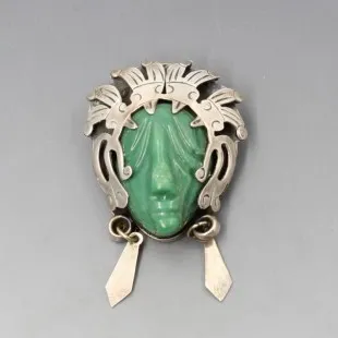 Mexico Jade and Silver Warrior Mask Brooch