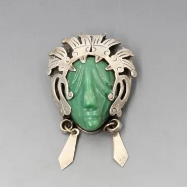Mexico Jade and Silver Warrior Mask Brooch