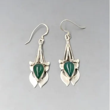 Green Agate and Silver Art Nouveau Style Earrings