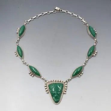 Jade and Silver Mexico Warrier Mask Necklace