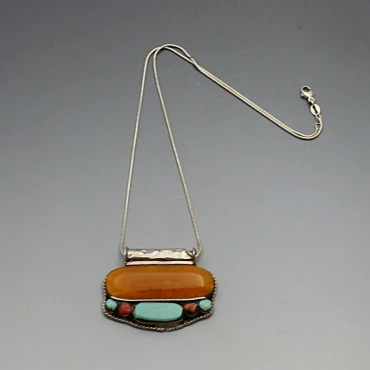 Butterscotch Amber, Turquoise, and Silver Pendant