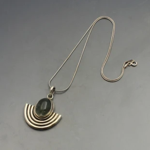 Moss agate and Silver Modernist Pendant