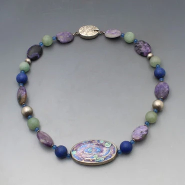 Joanne Mackarell Enamel Silver and Gemstone Bead Necklace 1998
