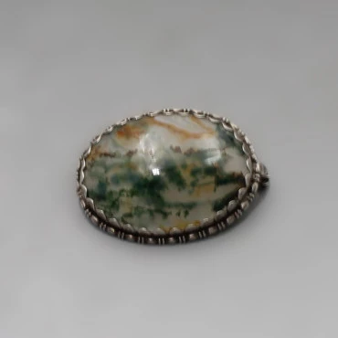 Moss Agate and Sterling Silver Brooch