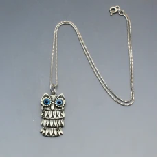 Silver Owl Pendant with Blue Eyes