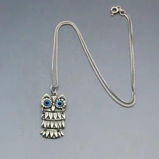 Silver Owl Pendant with Blue Eyes