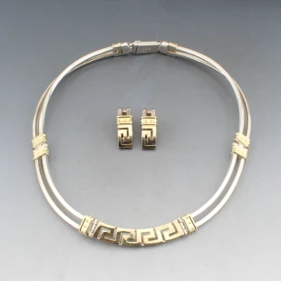 950 Silver and 18 Karat Gold Collar Necklace and Earrings