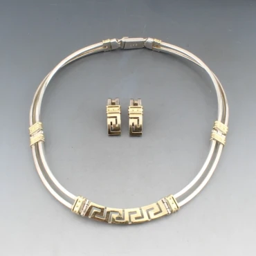 950 Silver and 18 Karat Gold Collar Necklace and Earrings