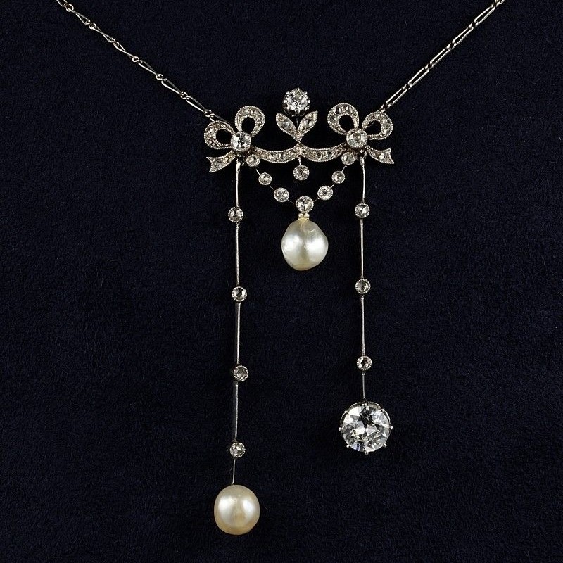 Edwardian pearl diamond negligee necklace