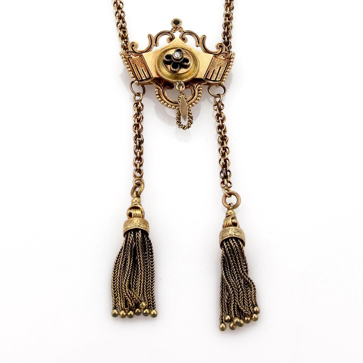 Viktoriansk 14 karat gull og emalje dusk lavalier halskjede
