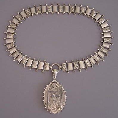 Victorian sølv ætset bog kæde halskæde med medaljon 1893