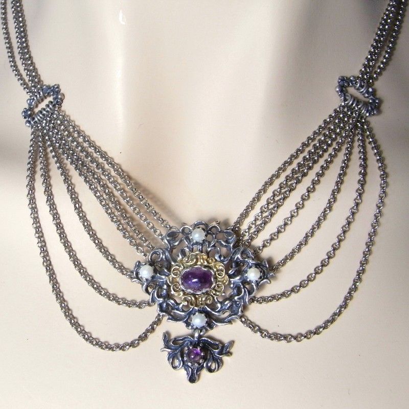 Ametyst a perly stříbro rouška náhrdelník